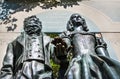 Monument to Alexander Pushkin and Natalia Goncharova on the Arbat in Moscow on a summer morningMonument to Alexander Pushkin and