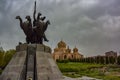 Monument to Andranik Zoravar against the background of St. Gregory the Illuminator Church in the center of Yerevan, May Royalty Free Stock Photo