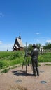 Monument to the artist Levitan. The Resurrection Church on Mount Levitan in Plyos in the rays sun Royalty Free Stock Photo