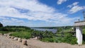 Monument to the artist Levitan. The Resurrection Church on Mount Levitan in Plyos in the rays sun Royalty Free Stock Photo