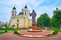 The Holy Spirit Cathedral and statue of Bishop Yevhen Hakman, Chernivtsi, Ukraine Royalty Free Stock Photo