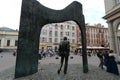 Monument to Bulat Okudzhava on Arbat, view from the back. Royalty Free Stock Photo