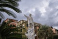Monument to Christopher Columbus in a beautiful city on the mediterranean coast: SANTA MARGHERITA LIGURE, ITALY - January 27, 2020