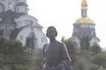 Monument to the Communist Soviet poet Maxim Gorky on the shore of a lake in the village Buki. Kiev region. Ukraine.