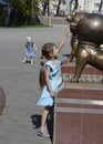 Monument to the dogs-cosmonauts Belka and Srelka in the Children`s Park of Chelyabinsk, Russia. Photographed in summer 2020.