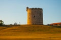 Monument to don Quixote and Sancho Panza at the tower of the fortress in the evening. Varadero. Cuba