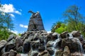 Monument to the eagle on the rocks. Surrounded by a pond. In the public park of La Carolina, Quito. Ecuador.