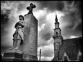 Monument to the Fallen in Tonquedec - Dramatic Black and White Photo of Brittany with Church in the Background