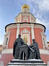 Moscow, Russia, December, 04, 2022. Monument to the Greek enlighteners brothers Ioannikiy and Sophroniy Likhuds in winter. Moscow.