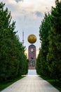 Monument to the Independence and Humanism in gold globe form at the Independence square, Tashkent.