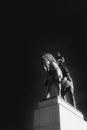 Monument to Jan Zizka on the top of Vitkovsky hill against the sky. Black and white image