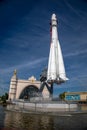 Monument to a large space rocket. USSR architecture. Old spaceship.