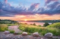 Monument to Levitan on Mount Levitan in Plyos under the sunset sky Royalty Free Stock Photo