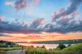 Monument to Levitan on Mount Levitan in Plyos and sunset Royalty Free Stock Photo