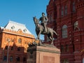 Monument to Marshal Zhukov on Manezhnaya Square against the background of the Historical Museum. Translation of inscription: