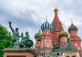 Monument to Minin and Pozharsky and Cathedral of Vasily the Blessed Saint Basil`s Cathedral on Red Square, Moscow, Russia Royalty Free Stock Photo