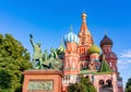 Monument to Minin and Pozharsky and Cathedral of Vasily the Blessed Saint Basil`s Cathedral on Red Square, Moscow, Russia Royalty Free Stock Photo