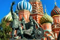 Monument to Minin and Pozharsky by St Basil`s Cathedral in Moscow, Russia