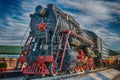 Monument to the old steam locomotive. Such steam locomotives were used in the first half of the 20th century, in the Soviet Union Royalty Free Stock Photo