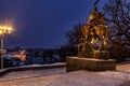 The monument to Peresvet is one of the symbols of the city of Bryansk on a snowy winter evening. Bryansk Russia-January 2021