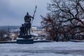 The monument to Peresvet is one of the symbols of the city of Bryansk on a snowy winter evening. Bryansk Russia-January 2021