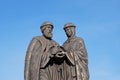 Monument to Peter and Fevronia Muromsky with a dove in his hands. Sculpture, sights of Kolomna. February 22, 2023