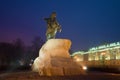 The monument to Peter the Great bronze horseman on the Senate square on a foggy March night. Saint Petersburg, Russia Royalty Free Stock Photo