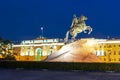 Monument to Peter the Great and Constitutional Court on Senate square at night, Saint Petersburg, Russia