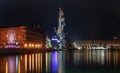 Monument to Peter the great on the embankment of the Moscow river with colorful reflections on the river