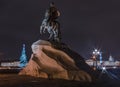 The Bronze Horseman a monument to Peter the Great, the New Year Tree and a view of the embankment on the night of January 3, 201 Royalty Free Stock Photo