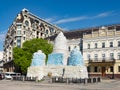 The monument to Princess Olga Kyiv is covered with protective sandbags