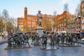 Monument to Rembrandt and sculptures of his picture Night watch at Rembrandtplein in Amsterdam