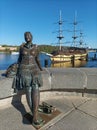 Monument to a resting girl on the banks of the Volkhov River in the city of Veliky Novgorod