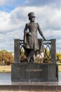 Monument to Russian poet Alexander Pushkin on the embankment in Tver, Russia. Volga river embankment. Autumn day Royalty Free Stock Photo
