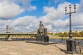 Monument to Russian poet Alexander Pushkin on the embankment in Tver, Russia. Volga river embankment. Autumn day Royalty Free Stock Photo