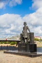 Monument to Russian poet Alexander Pushkin on the embankment in Tver, Russia. Volga river embankment. Autumn day