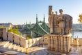 Monument to Saint Istvan on Gellert mountain with Elisabeth Erzsebet bridge over Danube river in Budapest, Hungary translation Royalty Free Stock Photo