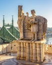 Monument to Saint Istvan on Gellert mountain with Elisabeth (Erzsebet) bridge over Danube river in Budapest, Hungary Royalty Free Stock Photo