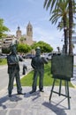 Monument to Santiago Rusinol and Ramon Casas on June 27, 2017 in Sitges, Spain.
