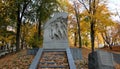Monument to shot football players of Dynamo Kyiv in Mariinsky Park. Autumn day