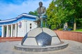 The monument to Valeriy Lobanovskyi in front of Dynamo Football Stadium, on June 26 in Kyiv, Ukraine