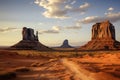 Monument valley landscape, cloudy sky at sunset sunrise. Navajo tribal park, United states of America, Utah, Arizona desert Royalty Free Stock Photo