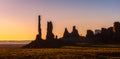 Monument Valley scenery at sunrise. Totem Pole and Yei Bi Chei rocky spires landscape. Monument Valley Navajo Tribal Park, USA Royalty Free Stock Photo