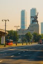 Monument Worker and Collective Farm woman in Moscow, skyscrapers. Russia. Royalty Free Stock Photo