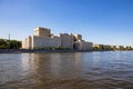 The monumental building of the Ministry of Defense of the Russian Federation on the Frunzenskaya Embankment on a sunny summer day