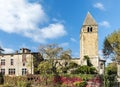 Monumental church tower on the island Ile Barbe in the Saone, in Royalty Free Stock Photo