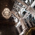 Monumental construction with beautiful chandelier in Wieliczka salt mine Royalty Free Stock Photo