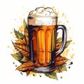 Monumental Ink Mug Of Beer With Fall Leaves On White Background Royalty Free Stock Photo