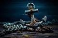 Monumental Old ship anchor on blue marine background. Generate ai Royalty Free Stock Photo
