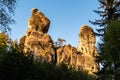 Monumental sandstone rock formation in the miidle of spring forest of Bohemian Paradise, Czech: Cesky raj, Czech